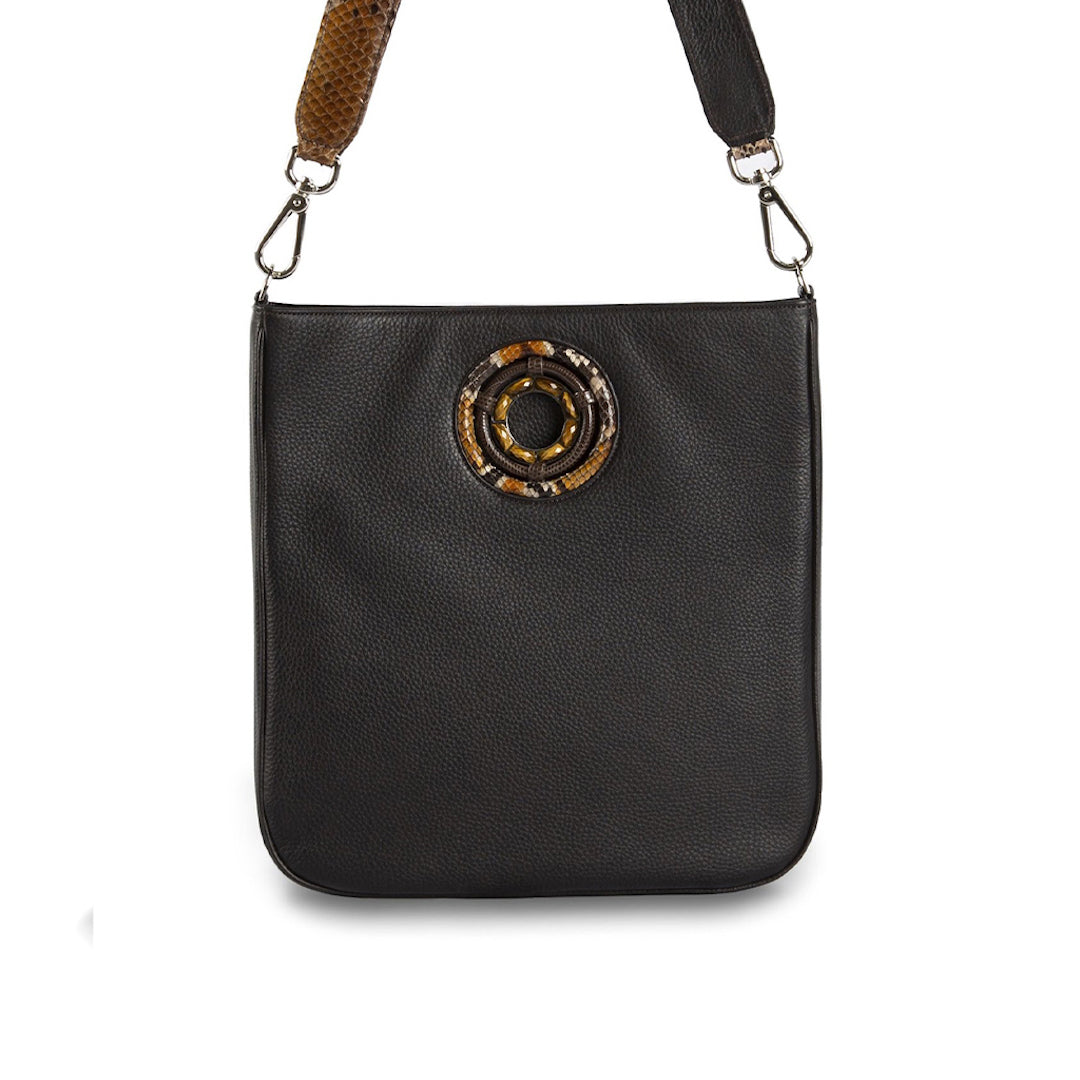 Brown Leather Jeweled Handbag, Cloe Crossbody Tote with Tiger Eye Gemstones - Darby Scott