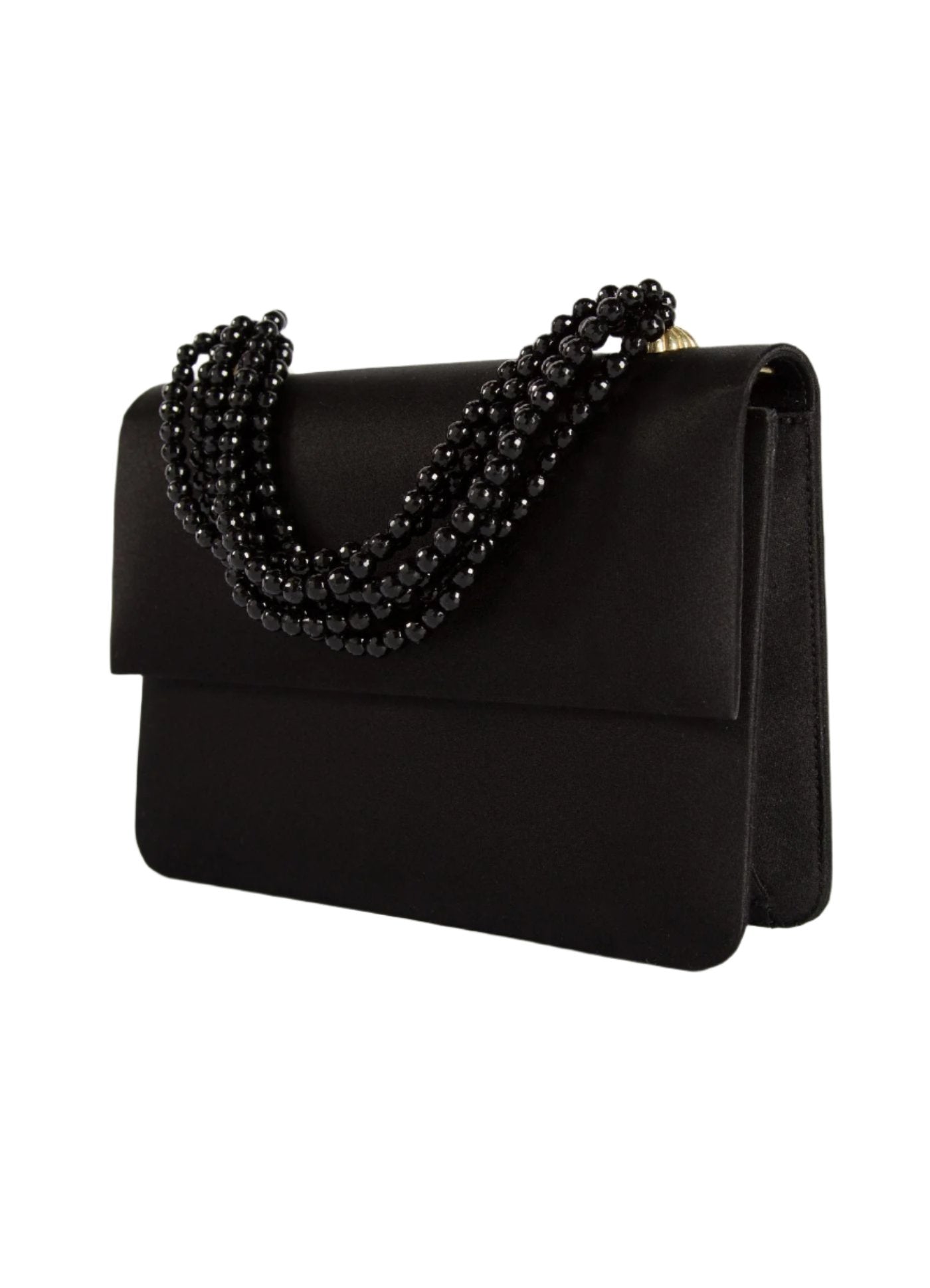 Angled View of Black Silk-Satin and Black Onyx Necklace Handbag - Darby Scott