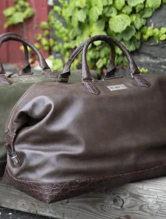 Aspen Duffle Bag in Brown Leather with Croc Trim - Darby Scott