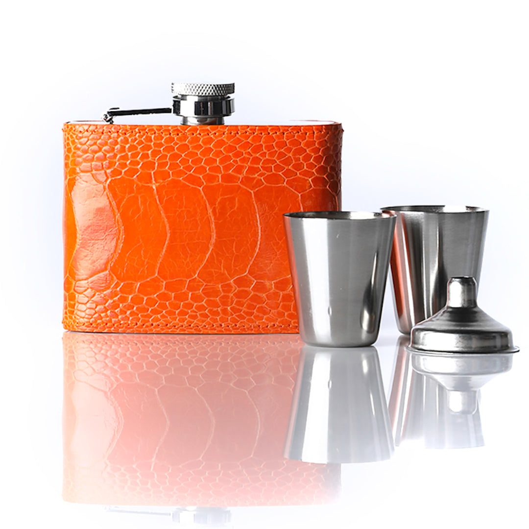 Flask covered in orange ostrich leg with gift set funnel and cups - Darby Scott