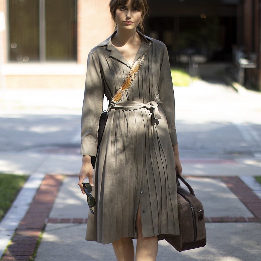 Pleat Front Shirt Dress on Model - Darby Scott