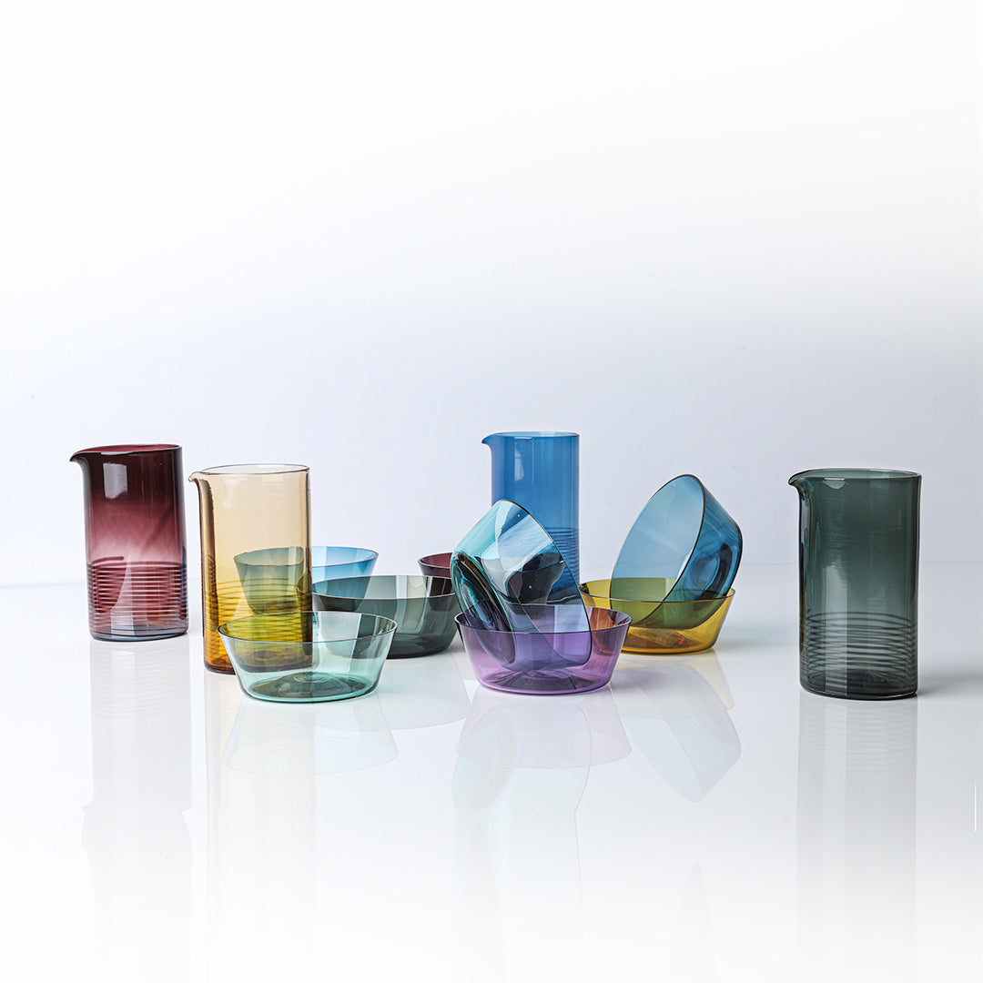 A colorful collection of hand blown glassware designed by Darby Scott 