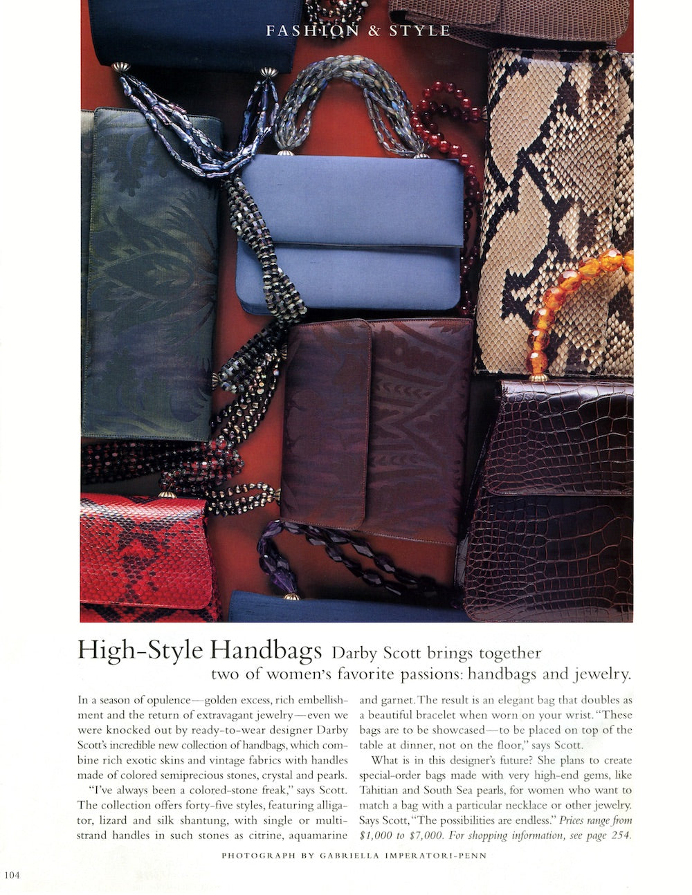 An assortment of handbags by Darby Scott and a feature article about the designer and her products.