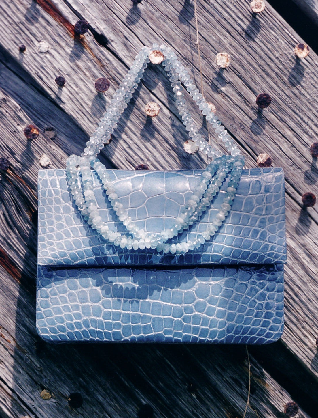 Pale Blue Alligator Handbag with aquamarine gemstone necklace handle - Darby Scott