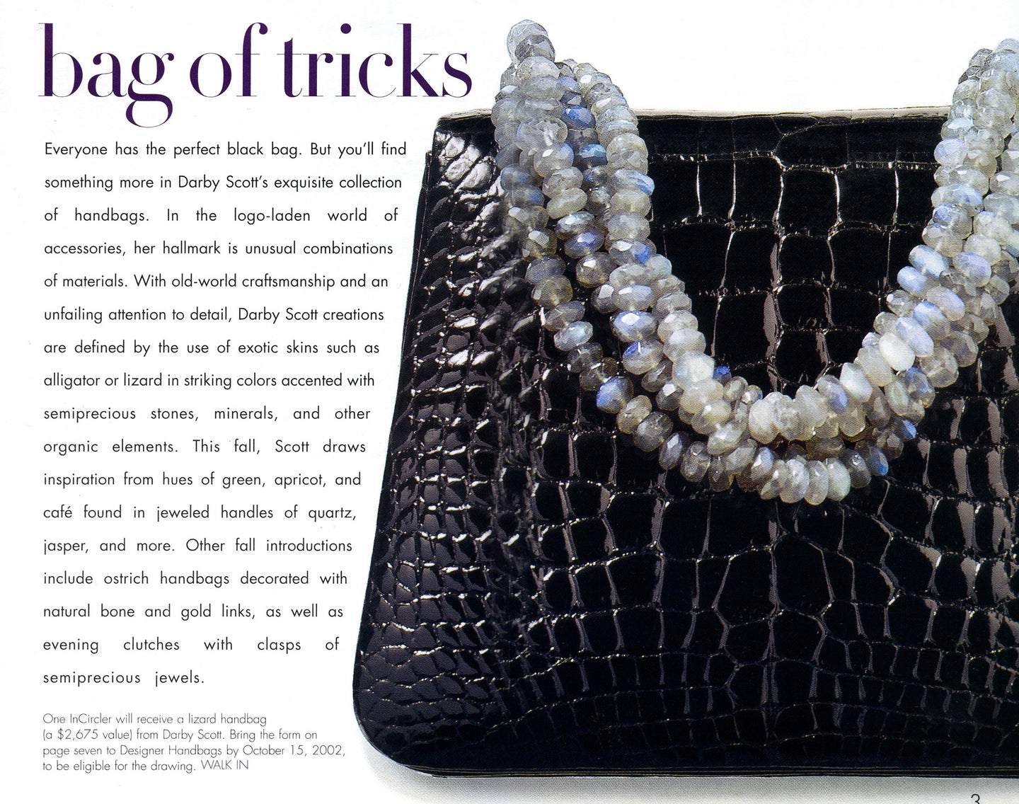 Black alligator handbag with labradorite necklace handle by Darby Scott