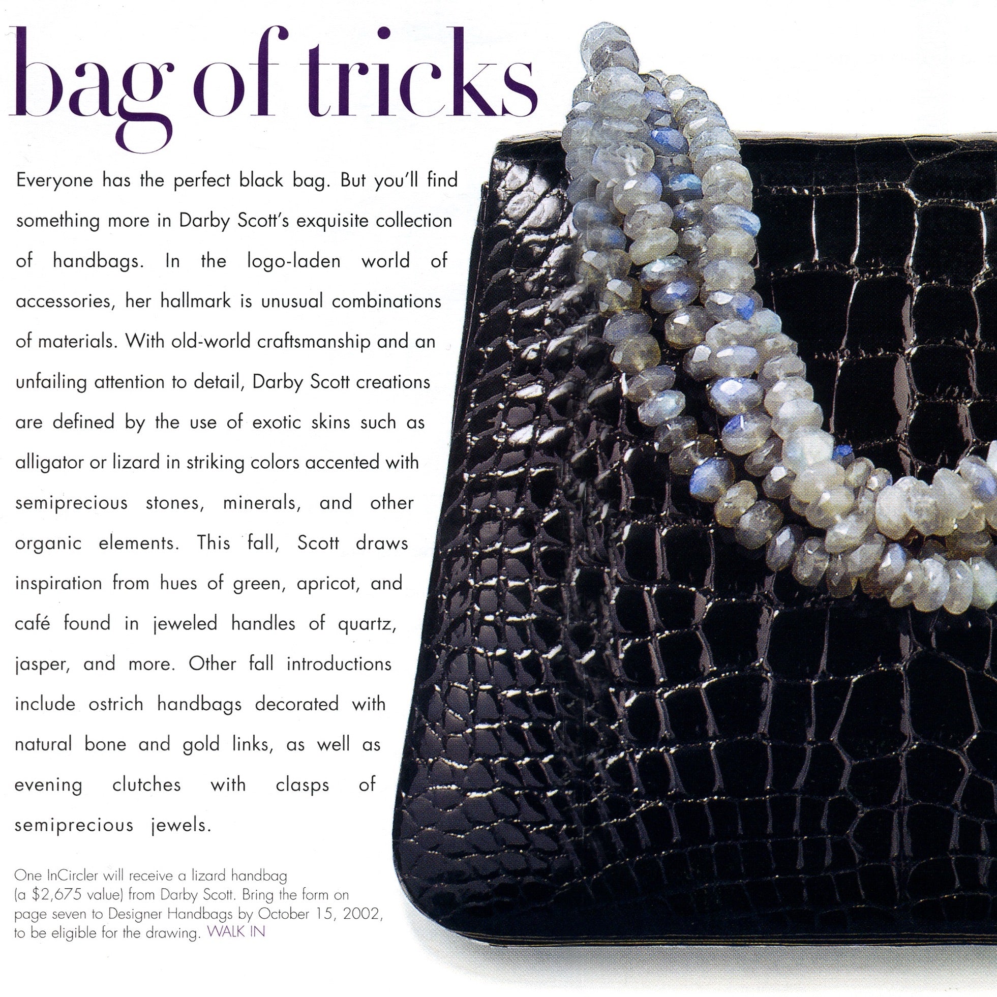 Black Alligator handbag with labradorite gemstone handle by Darby Scott