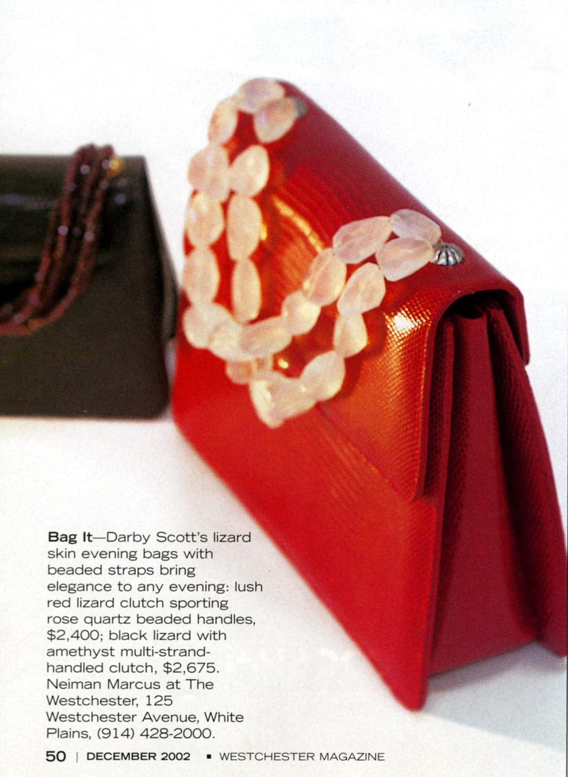 Bright Red Lizard Handbag with Rose Quartz Necklace Handle - Darby Scott