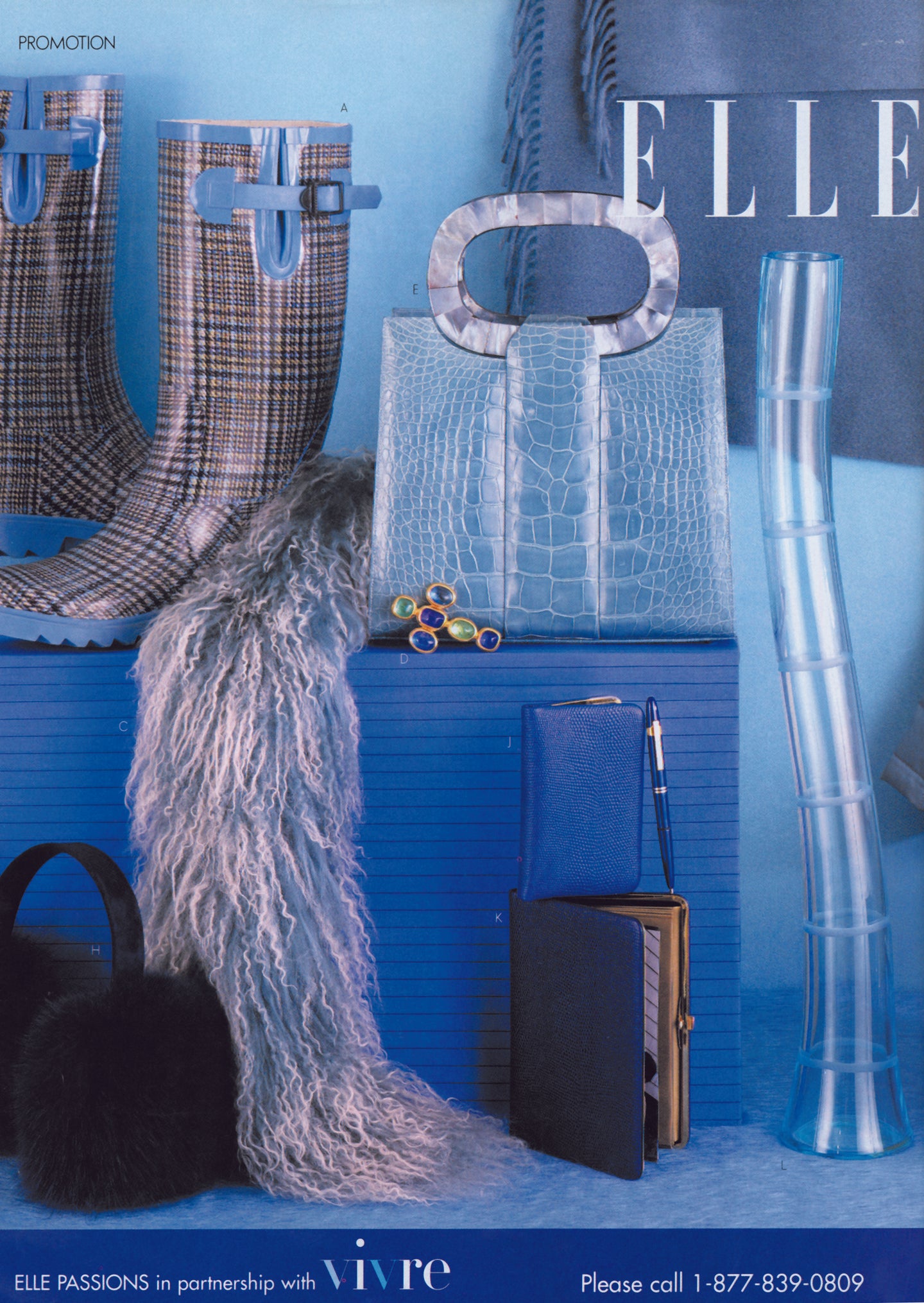 Advertisement for ELLE with fashion items including a Darby Scott Alligator Heritage Tote, boots, and a fur coat against a blue background.