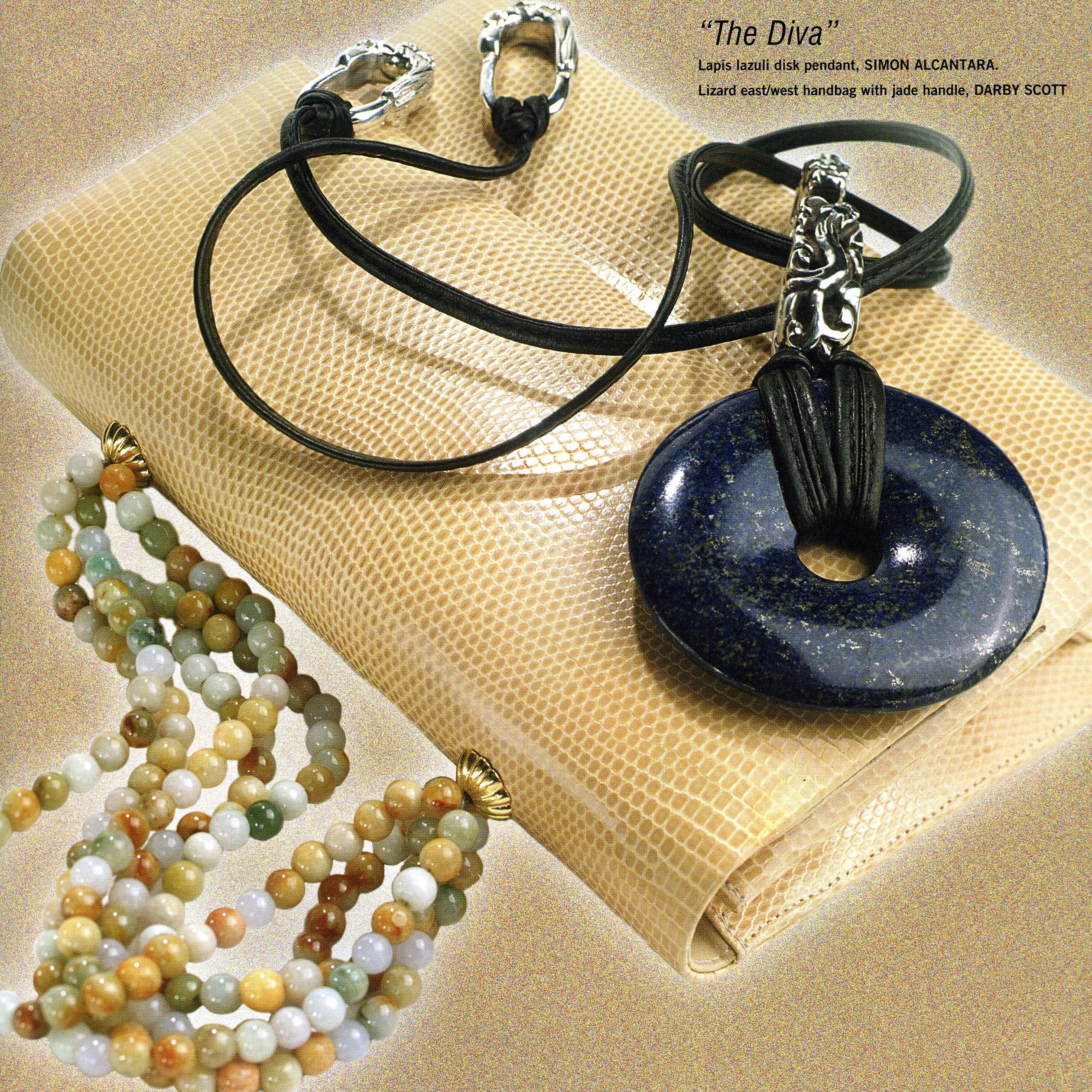 Tan Iconic Handbag in lizard with jade necklace handle - Darby Scott