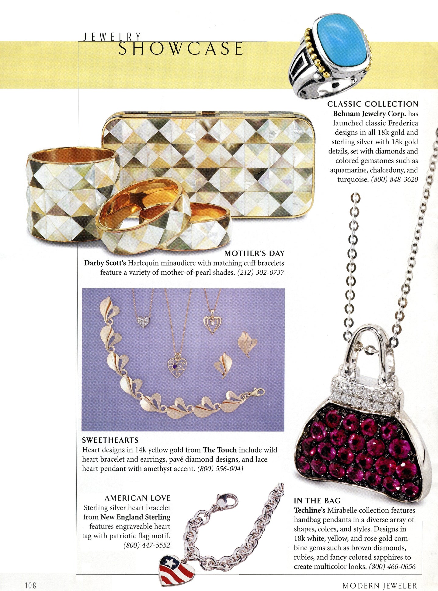 Jewelers Showcase including Darby Scott's Harlequin minaudiere and cuff bracelets.