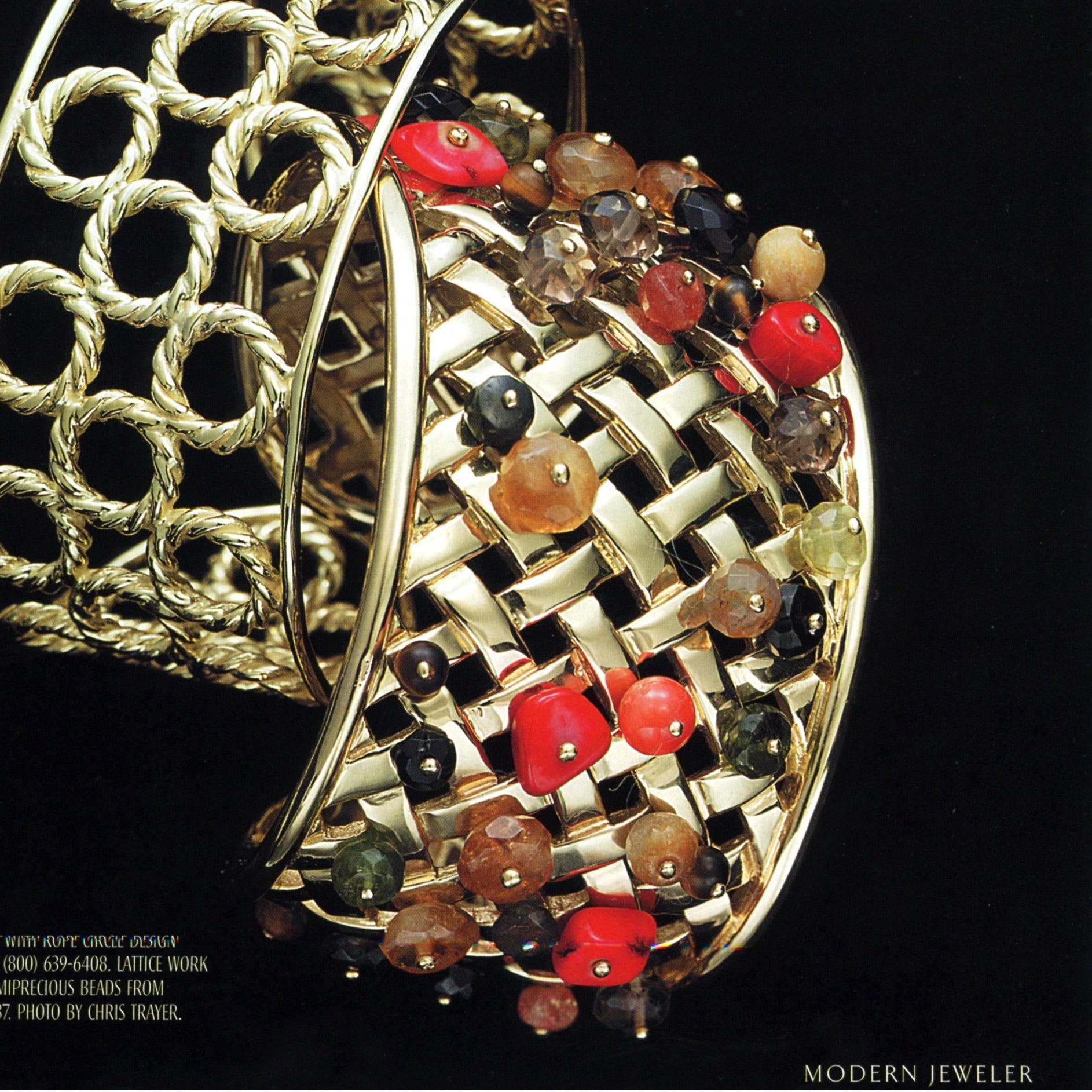 18K Gold Lattice Work Cuff Bracelet with Semi-Precious Beaded Accents by Darby Scott