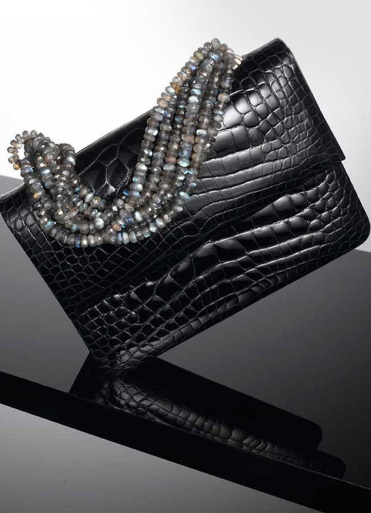 Navy Alligator Iconic Handbag with Labradorite Gemstone Handle - Darby Scott 