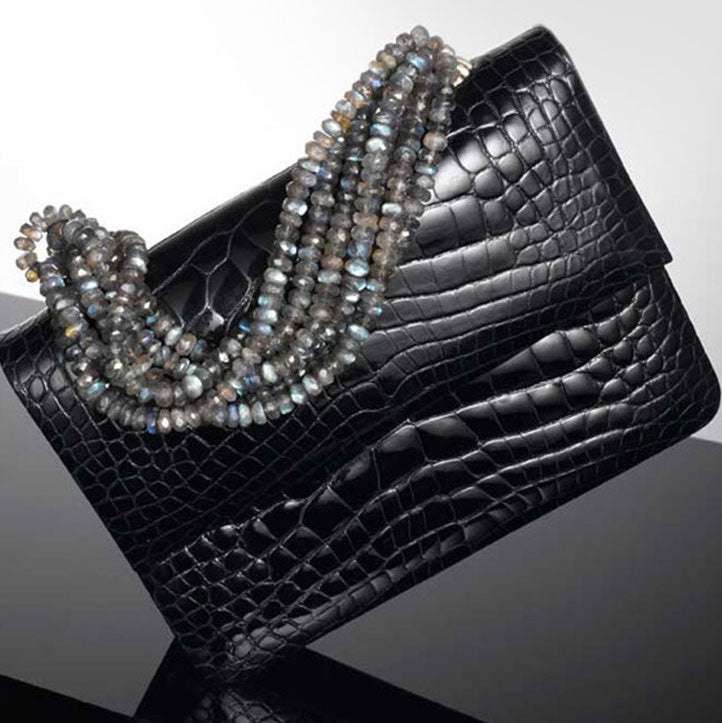 Navy Alligator Iconic Handbag with Labradorite Gemstone Handle - Darby Scott 