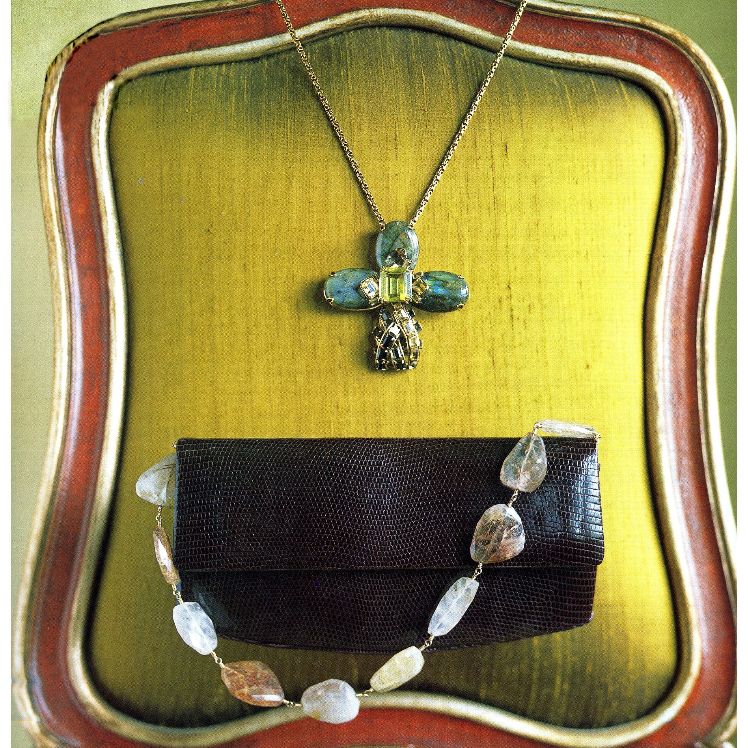 Brown Lizard handbag with quartz nugget necklace handle - Darby Scott