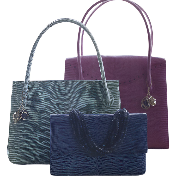 Lizard handbags by Darby Scott in Denim, Pistachio, and Pink with gemstone accents. 