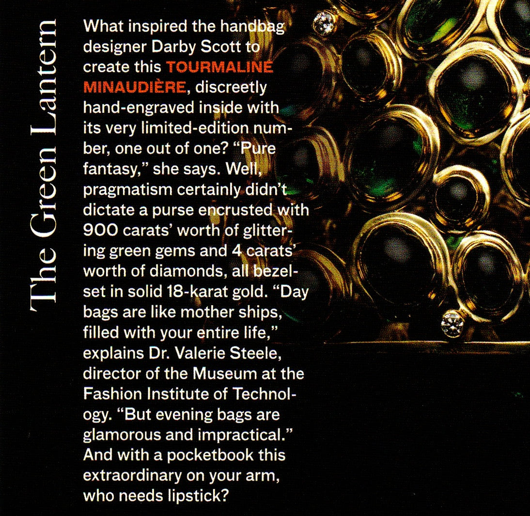 The Green Lantern interviews Darby Scott about her inspiration to make a one of a kind tourmaline & diamond minaudiere