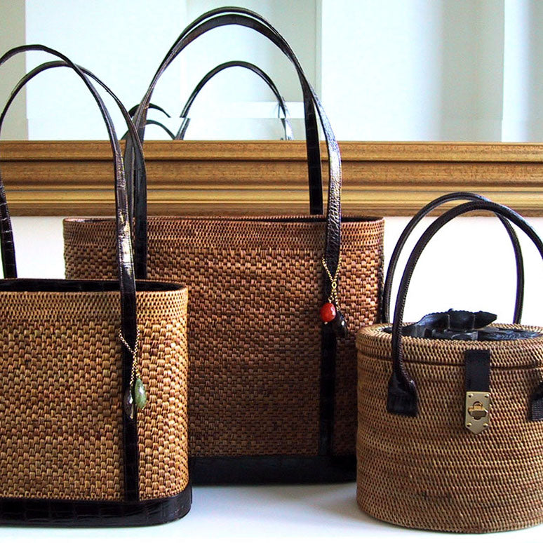 Three Woven Basket Bags with Exotic Trim and Handles - Darby Scott 