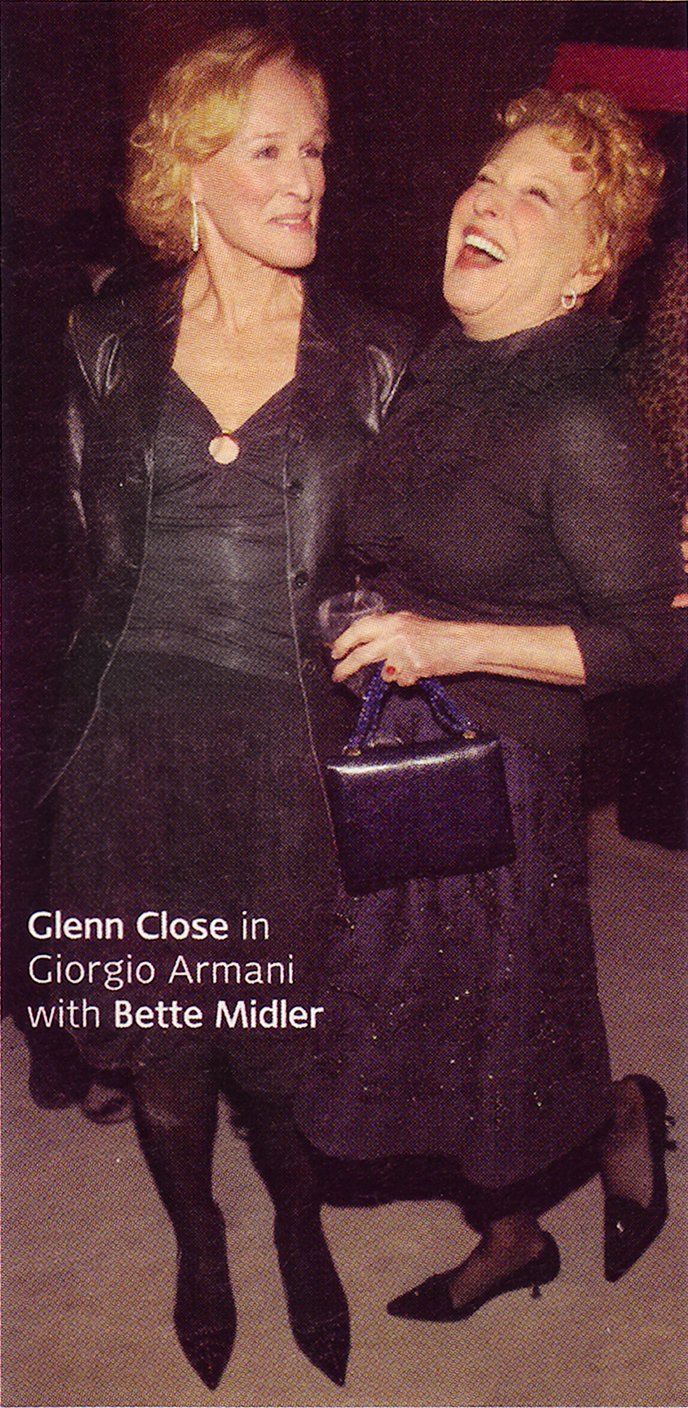 Bette Midler holding a Darby Scott Iconic Handbag, and Glenn Close in Armani, attending a gala in May 2007