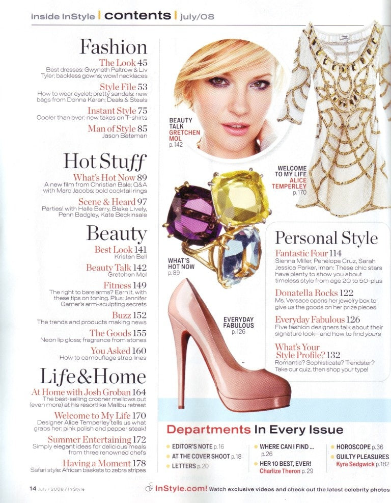 Table of contents for InStyle July 2008 include Darby Scott Cocktail Rings