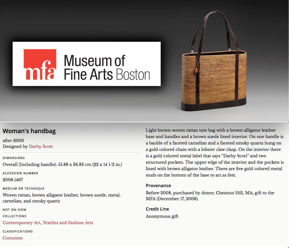 Museum of Fine Arts Boston Logo and a description of the Darby Scott Rattan Tote that was donated to the museum in 2008