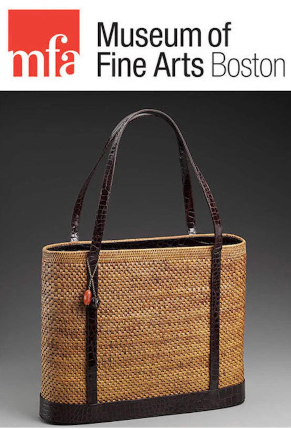 Woven Rattan Balinese Tote trimmed in Chocolate Alligator with jeweled fob pendant