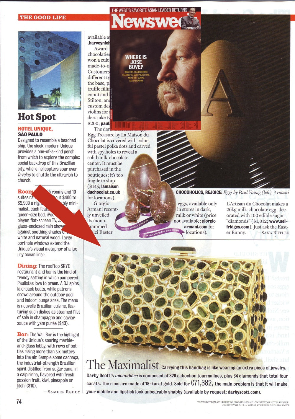 Darby Scott's One of a Kind Minaudière with 18K Gold Bezel Set Tourmaline Gemstones & Diamonds is featured in Newsweek March 2008 Issue