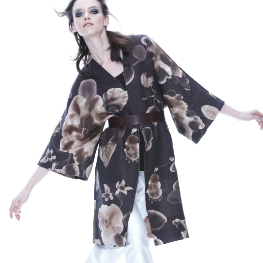 Model wearing Floral Kimono Style Topper - Darby Scott