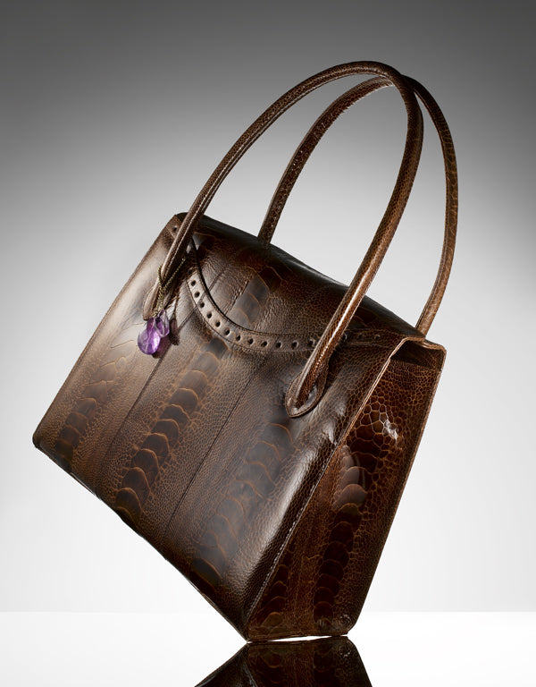 Chocolate Ostrich Leg Harrison Tote with Gemstone Fob - Darby Scott 