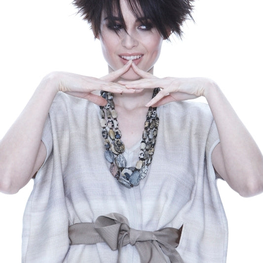 Model wearing Darby Scott Dress, Ribbon Belt and Agate Necklace