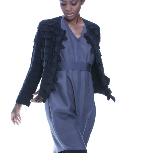 Model wearing Darby Scott Dress and Ribbon Jacket 