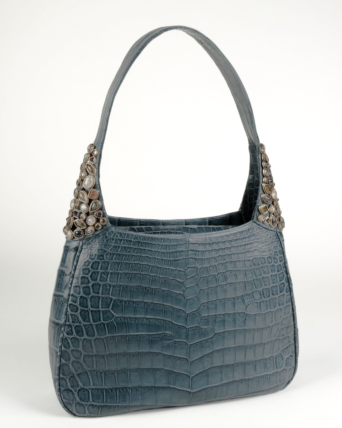 Blue Alligator Hobo Bag with Mosaic Gemstone Handles - Darby Scott