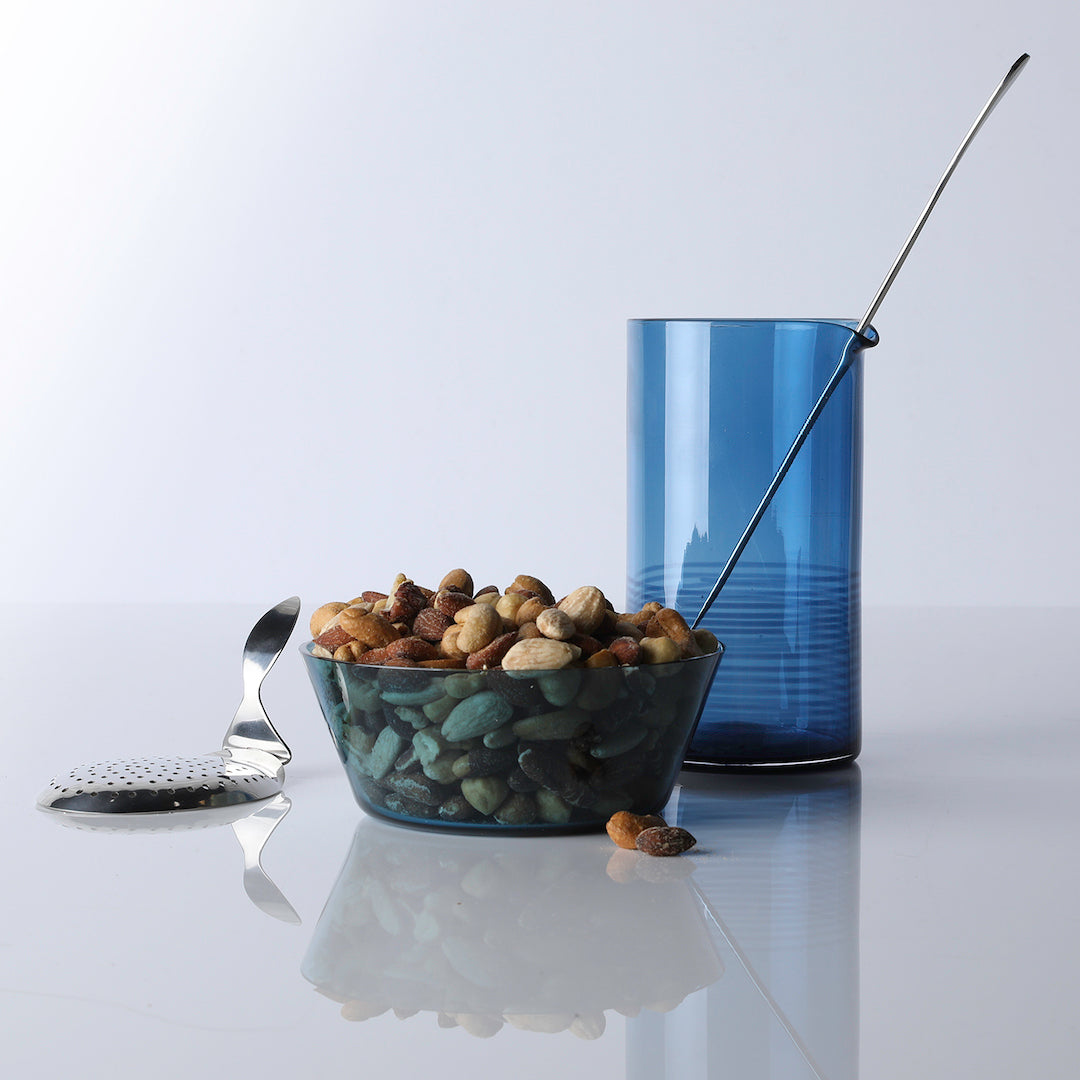 Hand blown blue mixing glass with long spoon, strainer, and bowl with nuts - Darby Scott 