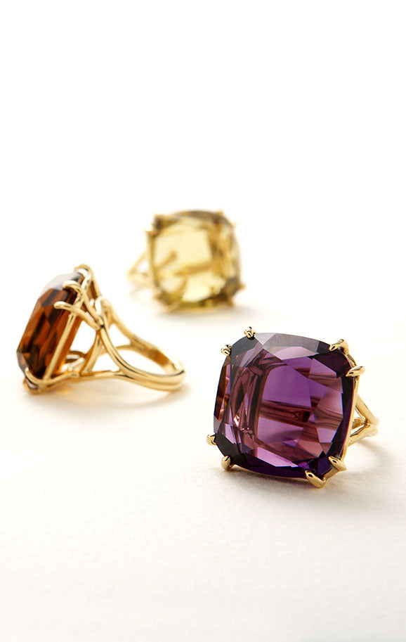 Citrine, Topaz and Amethyst Large Cushion Cut Gemstones set in gold basket rings - Darby Scott