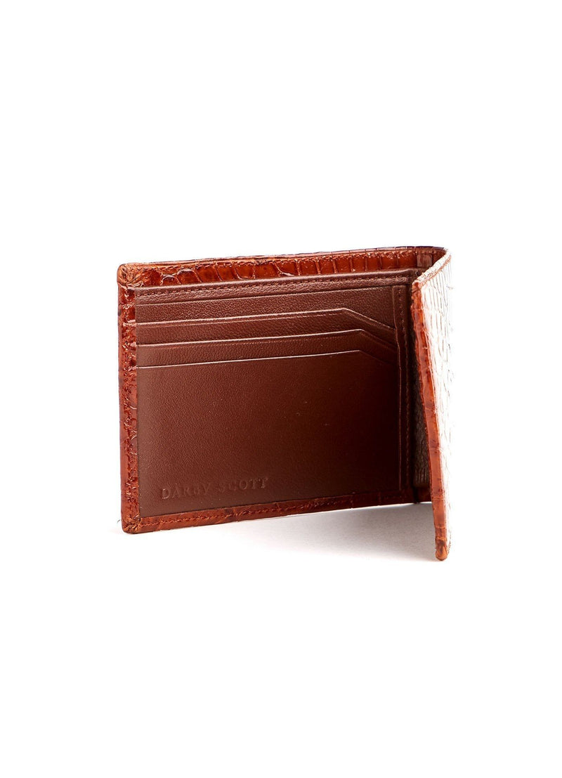 Cognac Exotic Nile Crocodile Classic Slim Bi-Fold Wallet, Interior Card Slots- Darby Scott