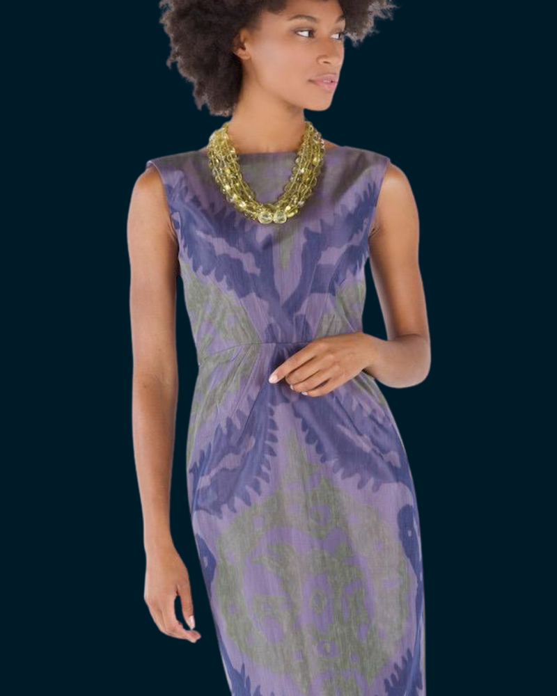 Model in purple chemise wearing citrine necklace - Darby Scott 