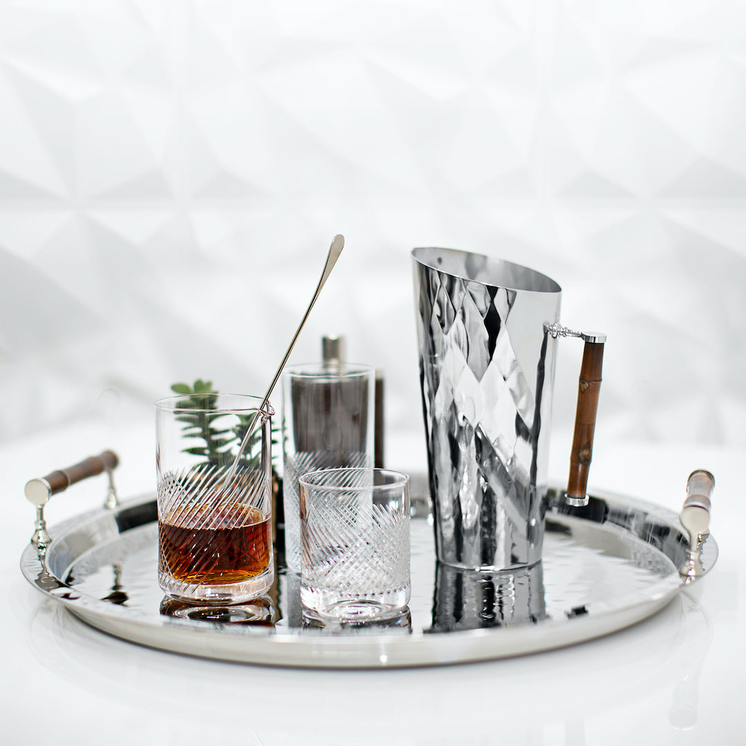 Tray with pitcher, flask, mixing glass and highball glass 