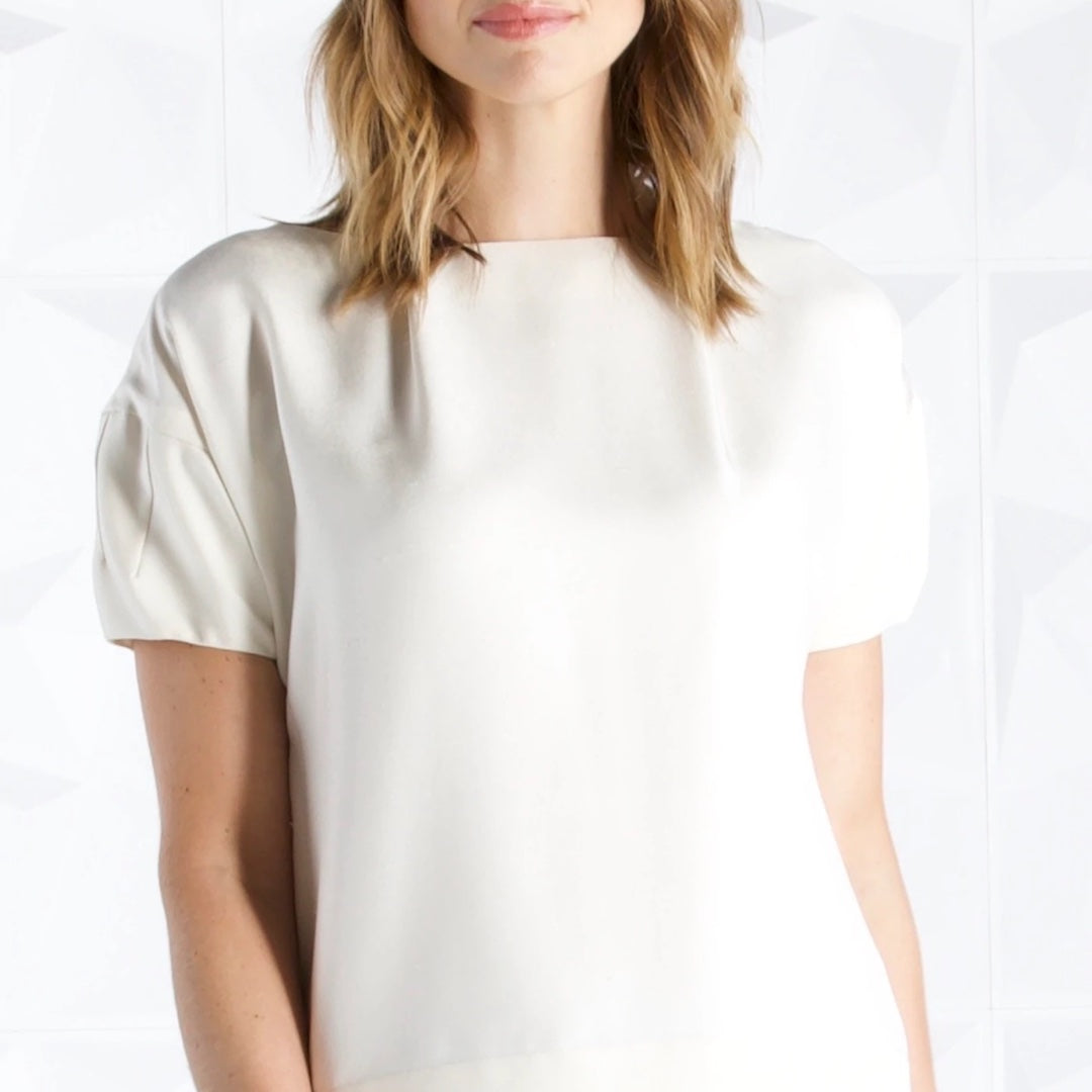 Ivory silk short sleeve blouse on model - Darby Scott