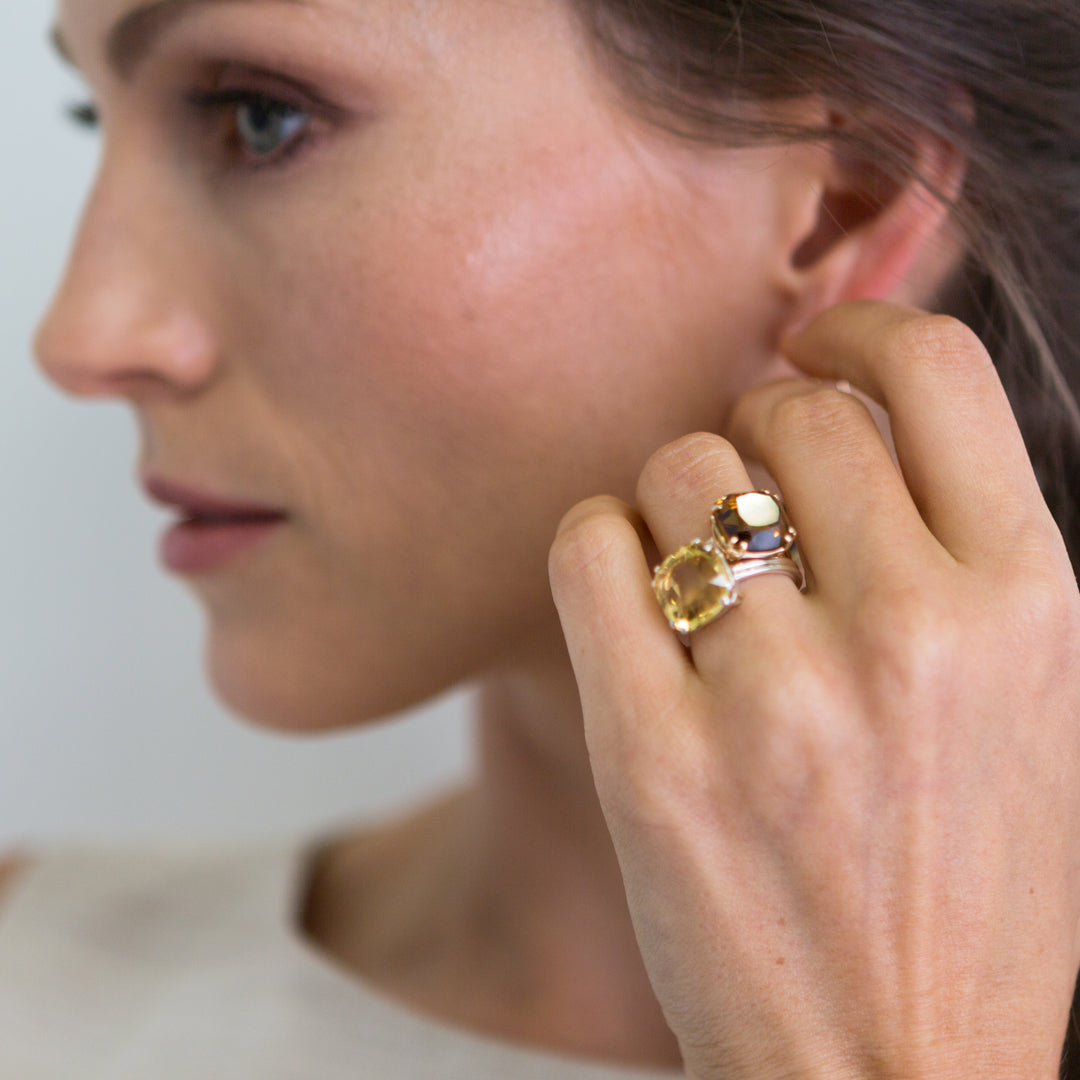 Model wearing Citrine & Topaz Cushion Cut Rings - Darby Scott