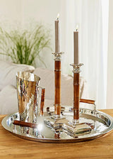 Stainless tray & pitcher with bamboo handles paired with matching candle holders