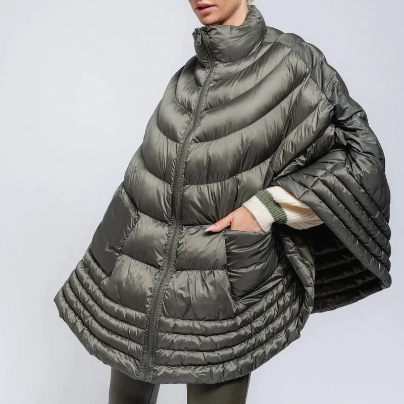 Olive puffer cape-poncho on model