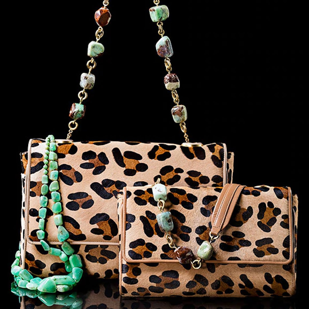 Leopard print haircalf handbags with chrysoprase necklace and chain & jewel handles - Darby Scott