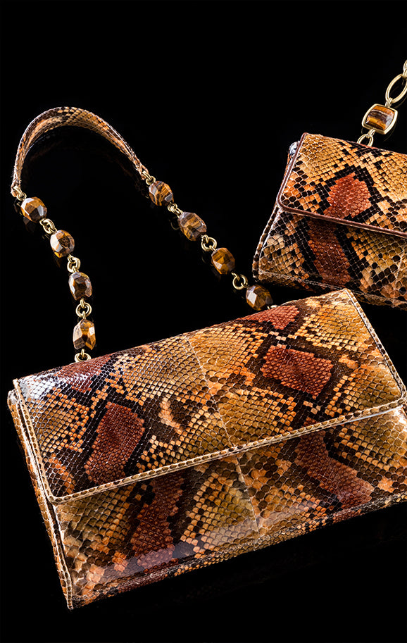cognac python shoulder bag with tiger eye chain link handle