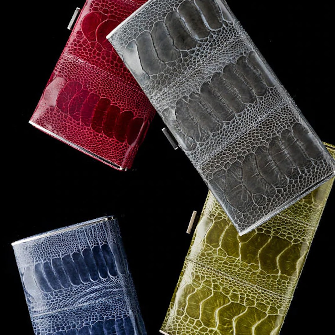 Box wallets in Red, Blue, Green and Grey Ostrich Leg - Darby Scott