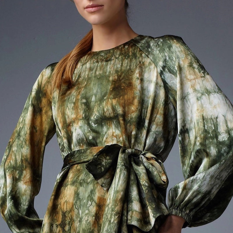 Green silk blouse on model - Darby Scott