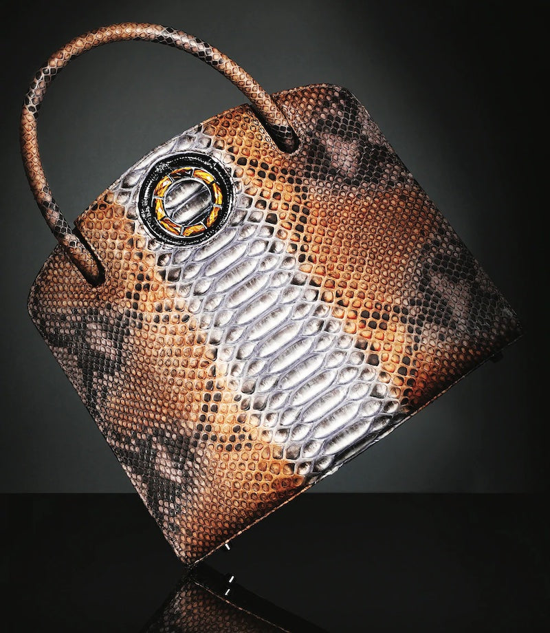 Cognac Python Annette Top Handle Bag with Tiger Eye Grommet - Darby Scott