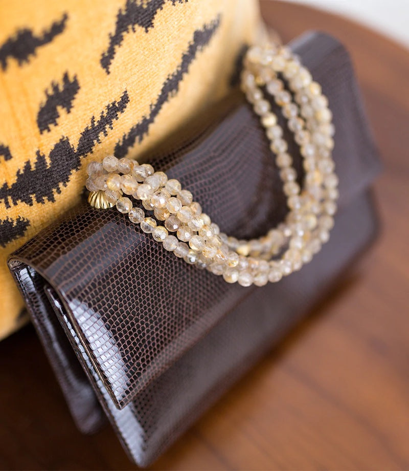 Brown Lizard Handbag with Gold Rutilated Quartz beaded handle - Darby Scott
