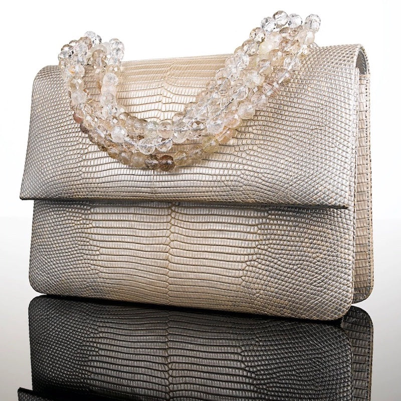 Silver Wash Lizard Iconic Handbag with Faceted Quartz beaded handle - Darby Scott