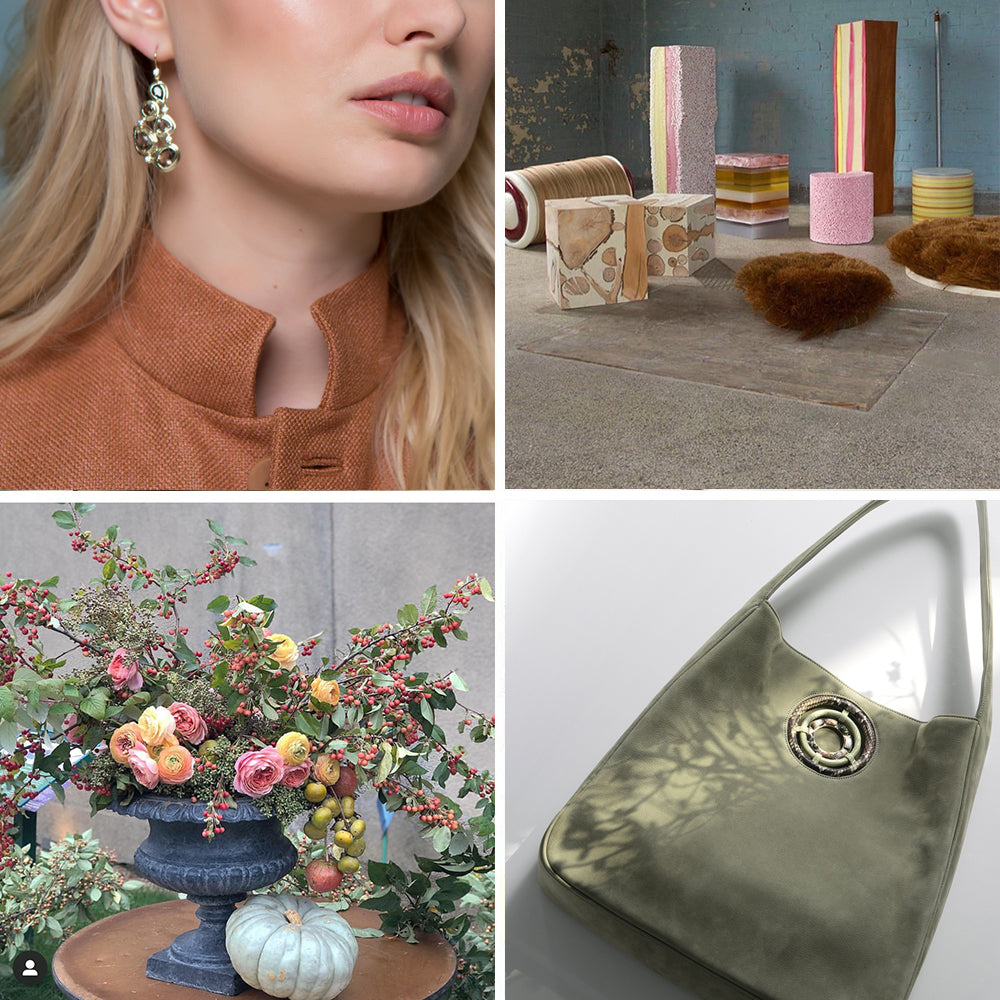 Collage of images, model with earrings, hobo handbag, floral arrangement, and pillar candles