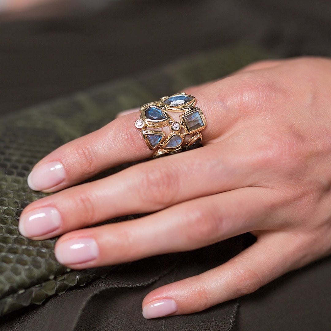 Labradorite & Diamond Mosaic Statement Ring on Models hand