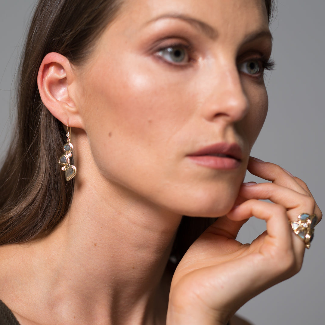 Model wearing Labradorite & diamond 3 stone sterling earrings - Darby Scott